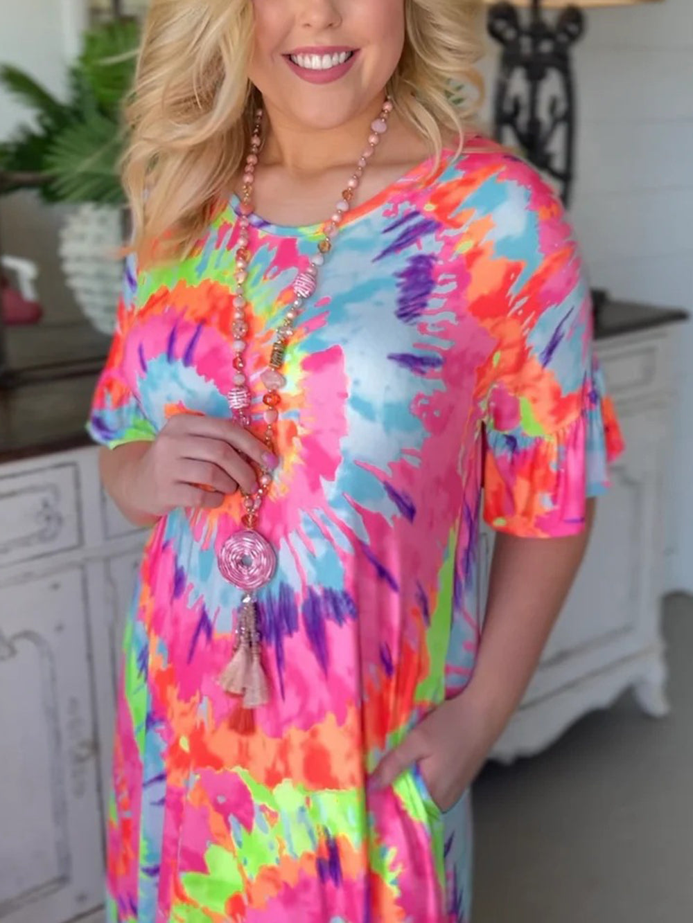 Tie-dye posicionamento casual pulôver com decote em V saia longa de manga curta