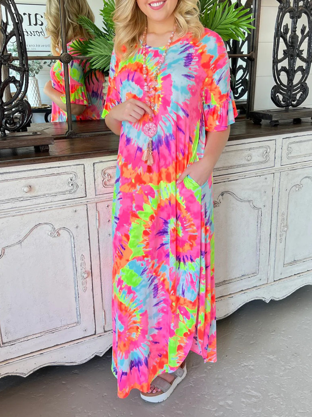 Tie-dye posicionamento casual pulôver com decote em V saia longa de manga curta