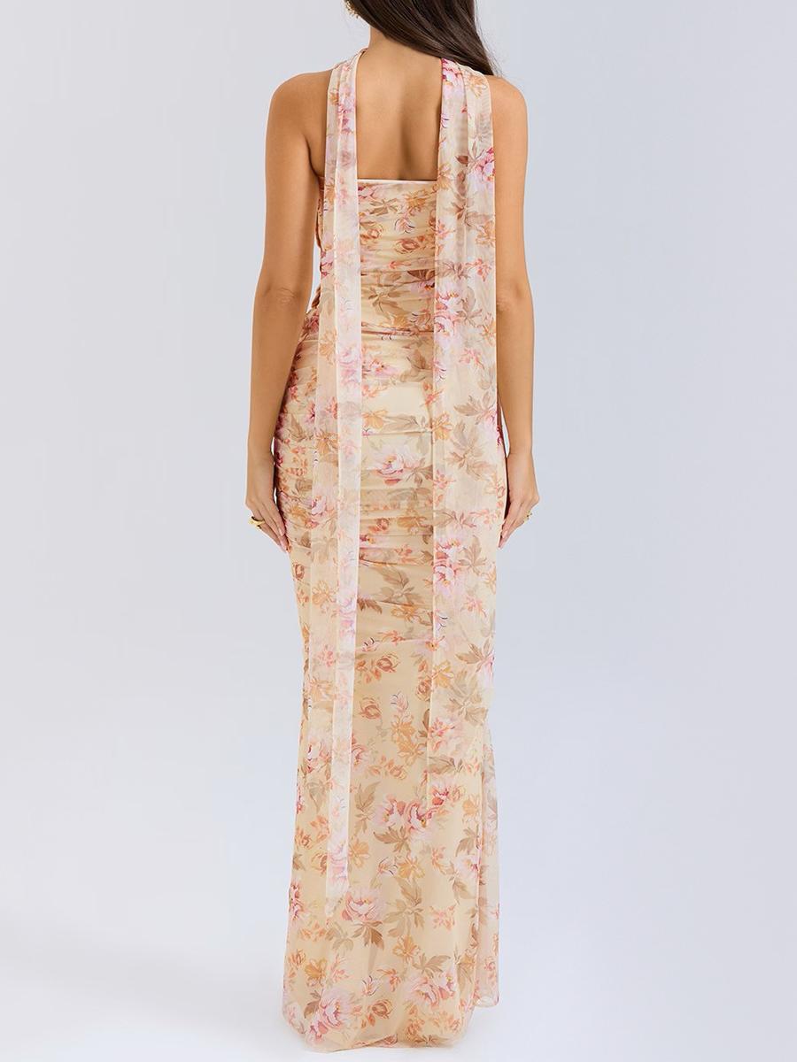 Conjunto de corpete floral sem alças e saia de cintura alta com gravata