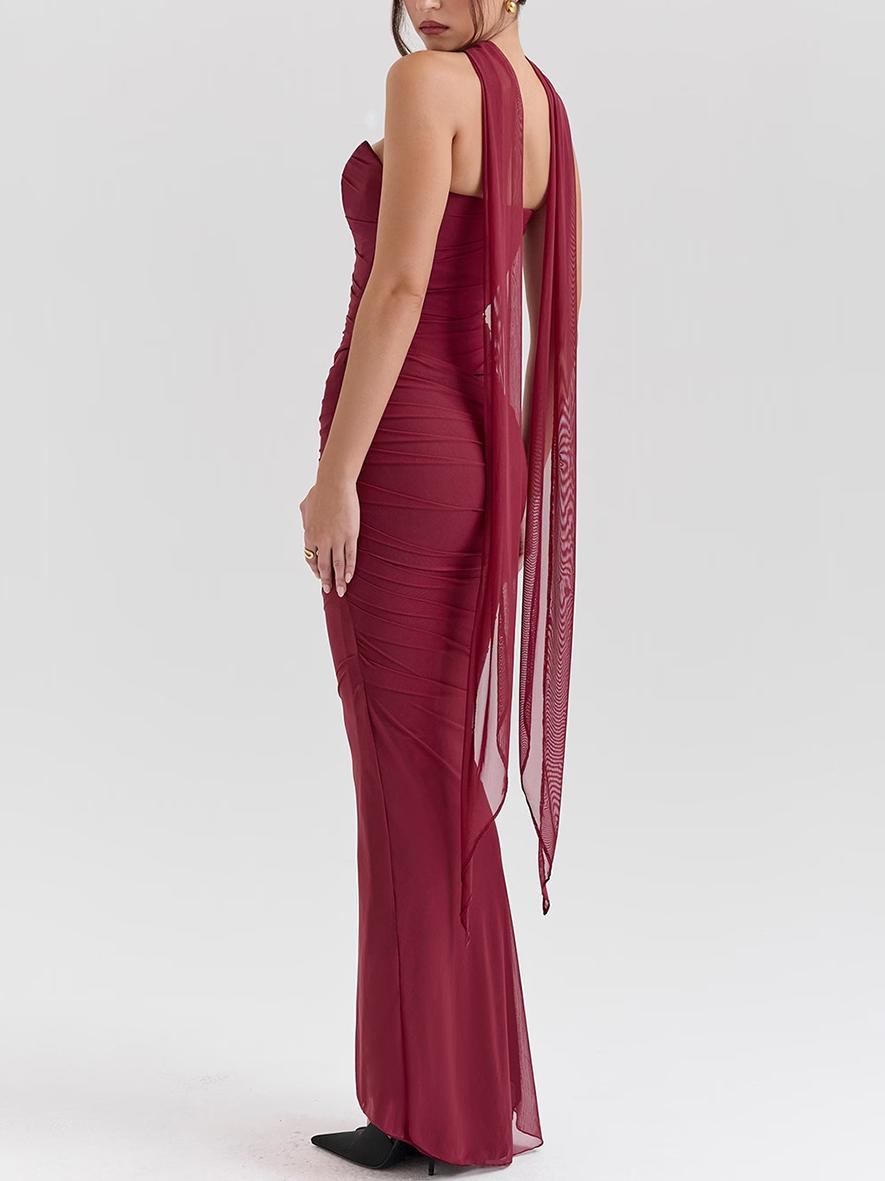 Conjunto de corpete sem alças roxo e saia de cintura alta com gravata