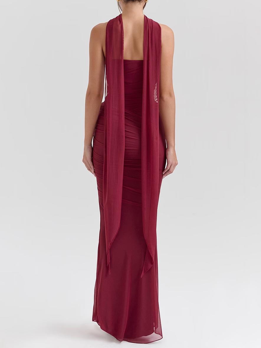 Conjunto de corpete sem alças roxo e saia de cintura alta com gravata