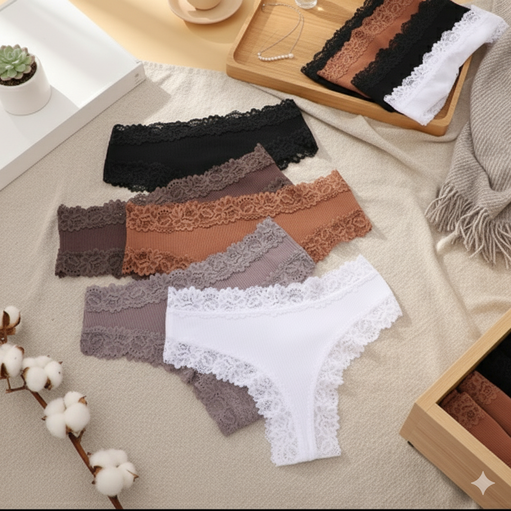 5-Piece Lace Seamless Cotton Brazilian Briefs Set for Women