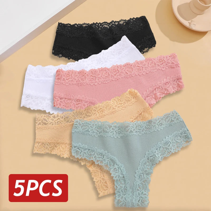 5-Piece Lace Seamless Cotton Brazilian Briefs Set for Women