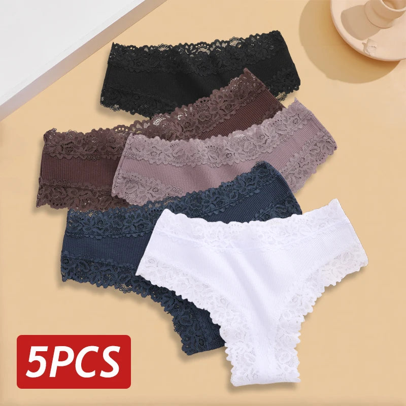 5-Piece Lace Seamless Cotton Brazilian Briefs Set for Women