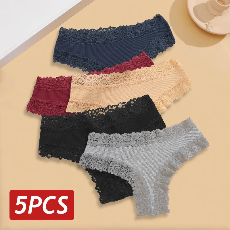 5-Piece Lace Seamless Cotton Brazilian Briefs Set for Women