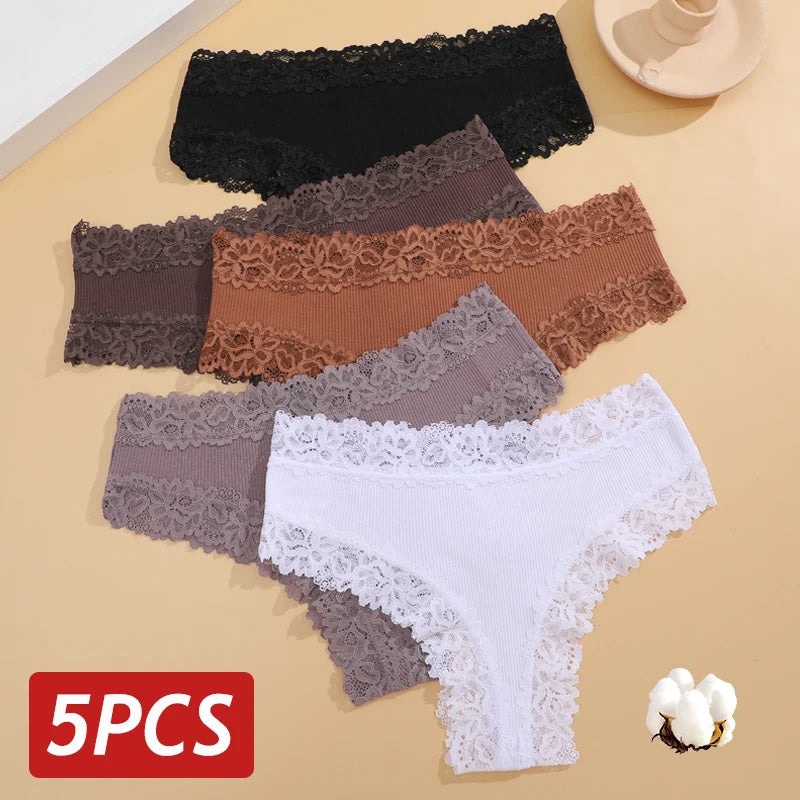 5-Piece Lace Seamless Cotton Brazilian Briefs Set for Women
