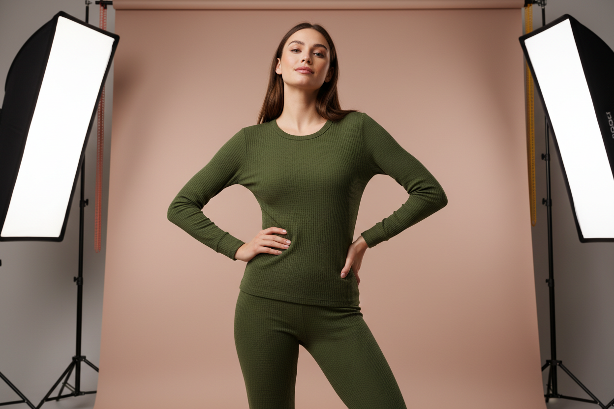 faça uma modelo em um studio bege rosado vestindo um conjunto de roupa termica interior de manga comprida na cor greem