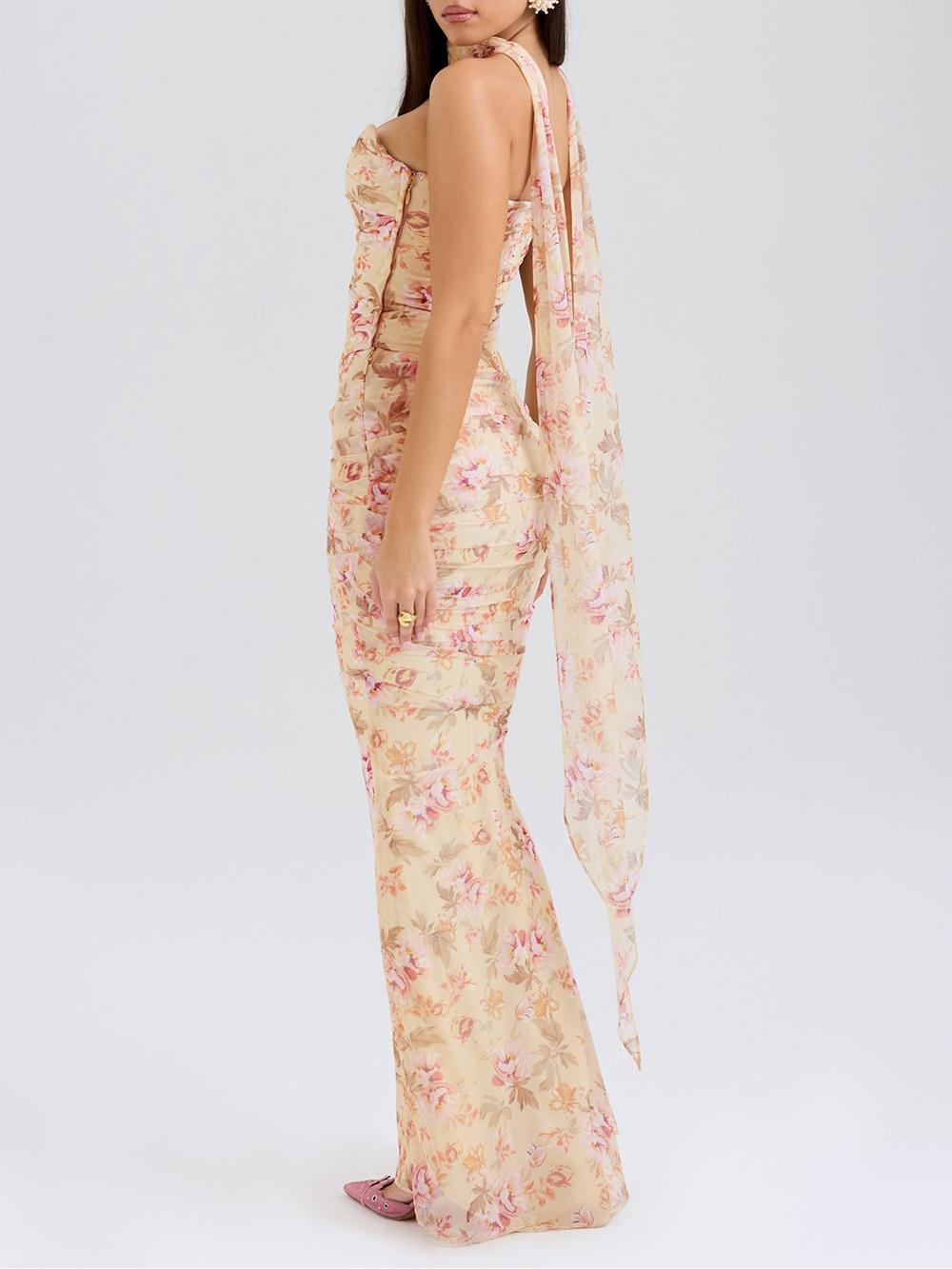 Conjunto de corpete floral sem alças e saia de cintura alta com gravata