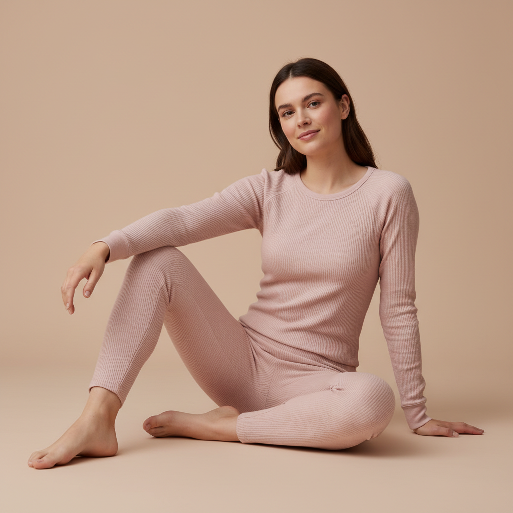 quero 5 imagens cada uma com uma modelo em um estudio bege rosado usando um conjunto de roupa termica de manga comprida na cor rosa claro, preta, branca, grey, bege.