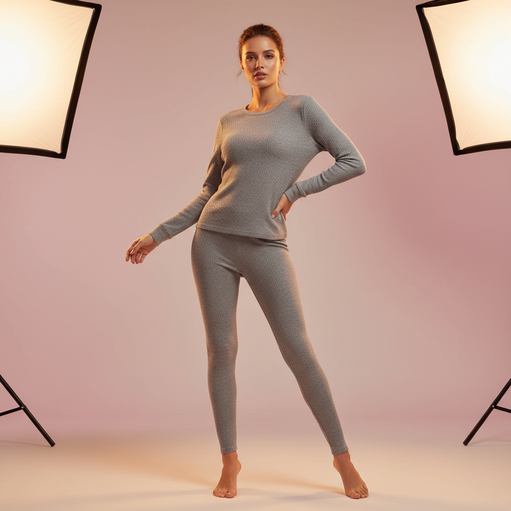 uma modelo em um estudio bege rosado usando um conjunto de roupa termica de manga comprida na cor grey